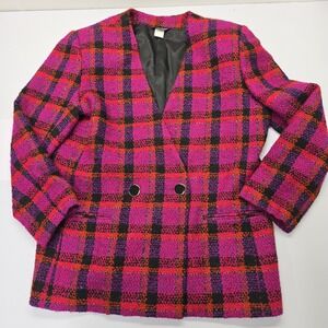 Chad Stevens Vintage Magenta Plaid Tweed Blazer Jacket Made in USA Womens 16